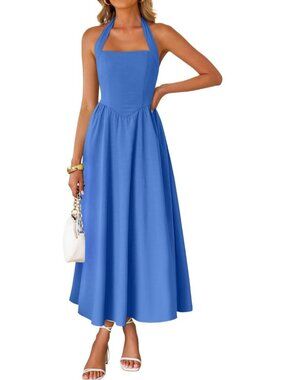 Women's Summer Sleeveless Halter Royal Blue Midi Off Shoulder Flowy Long Dress